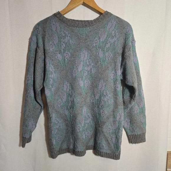 Vintage Floral Argyle Crewneck Wool Blend Pullover Sweater Medium 90s - Picture 7 of 7